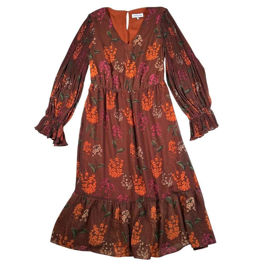 Gibson Latimer Brown Floral Pleated Sleeve Midi Dress Womens Small Boho Chiffon